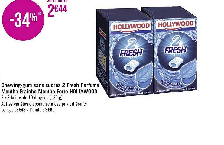 chewing-gum sans sucres 2 fresh parfums menthe fraîche menthe forte hollywood
