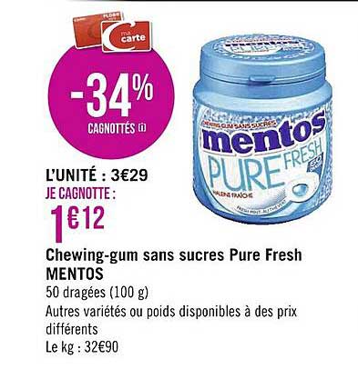 chewing-gum sans sucres pure fresh mentos