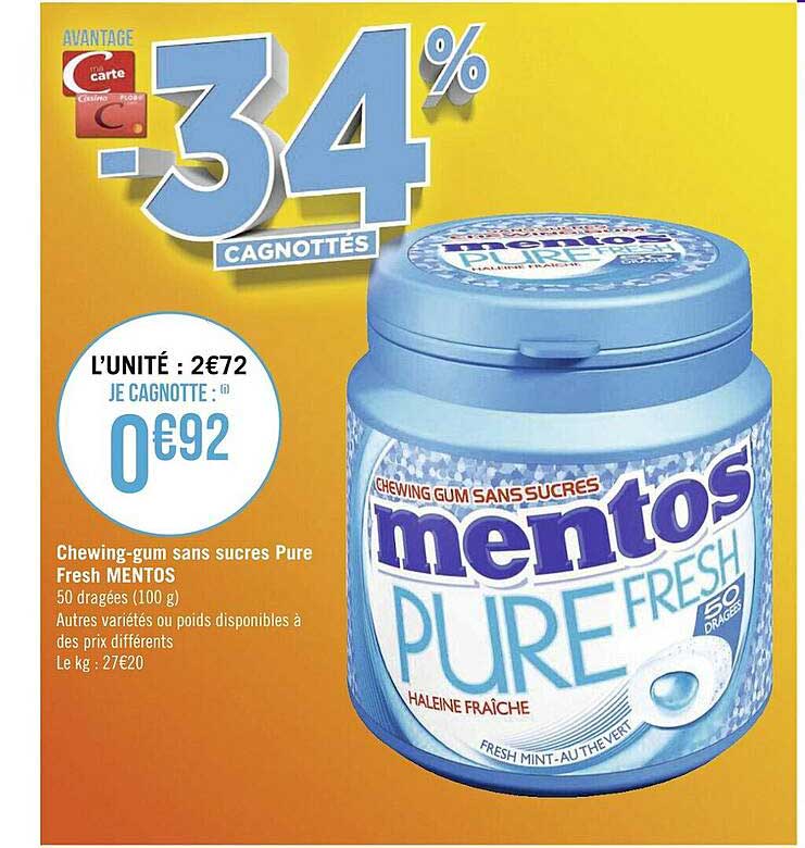 chewing-gum sans sucres pure fresh mentos