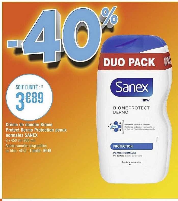 crème de douche biome protect dermo protection peaux normales sanex