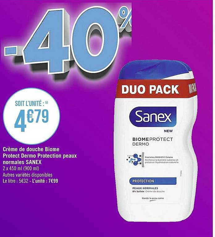 crème douche biome protect dermo protection peaux normales sanex