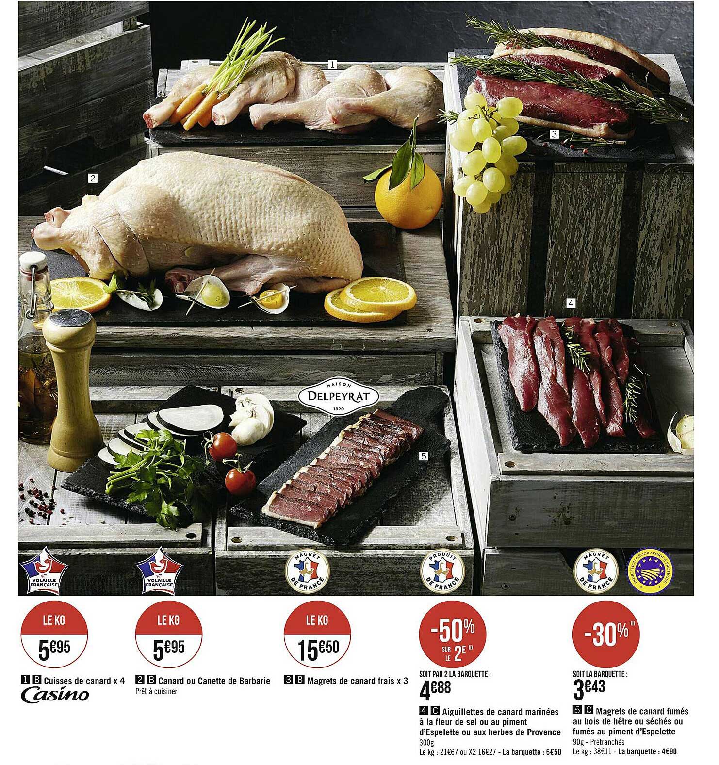 cuisses de canard x4, canard ou canette de barbarie, magrets de canard frais x3, aiguillettes de canard marinées à la fleur de sel ou au piment d'espelette ou aux herbes de provence, magret de canard