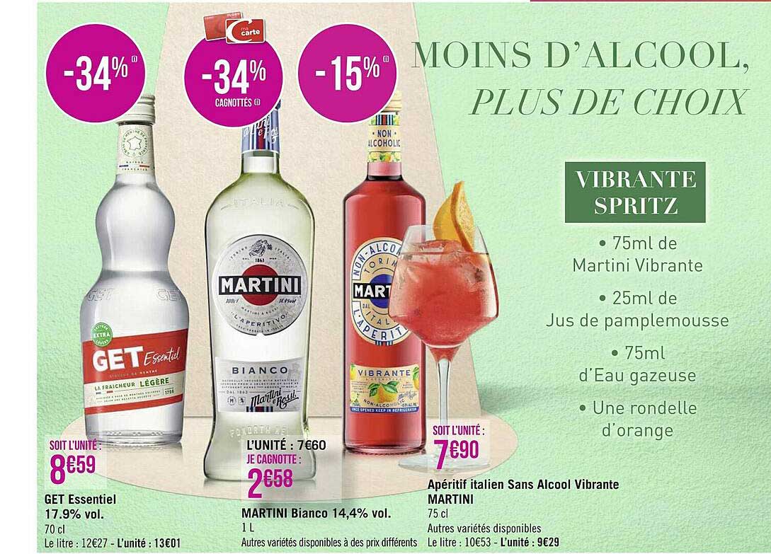 ge essentiel 17.9% vol. martini bianco 14,4% vol., apéritif italien sans alcool vibrante martini