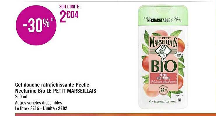 Gel Douche Rafraîchissante Pêche Nectarine Bio Le Petit Marseillais