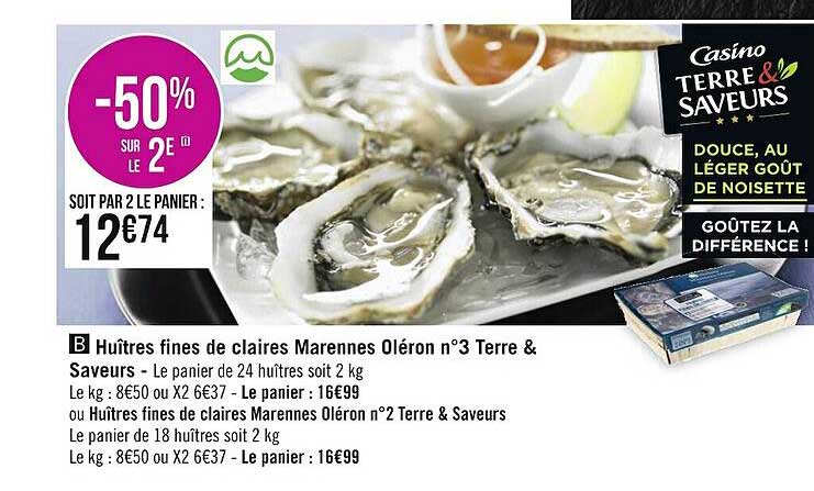 huîtres fines de claires marennes oléron n°3 terre & saveurs ou huîtres fines de claires marennes oléron n°2 terre & saveurs