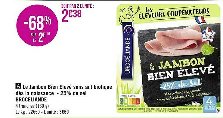 le jambon bien élevé sans antibiotique dès la naissance -25% de sel brocéliande