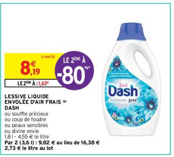 lessive liquide envolée d'air frais dash le 2ème à -80%