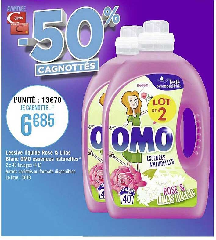 lessive liquide rose & lilas blanc omo essences naturelles