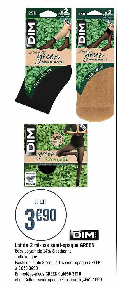 lot de 2 mi-bas semi-opaque green dim