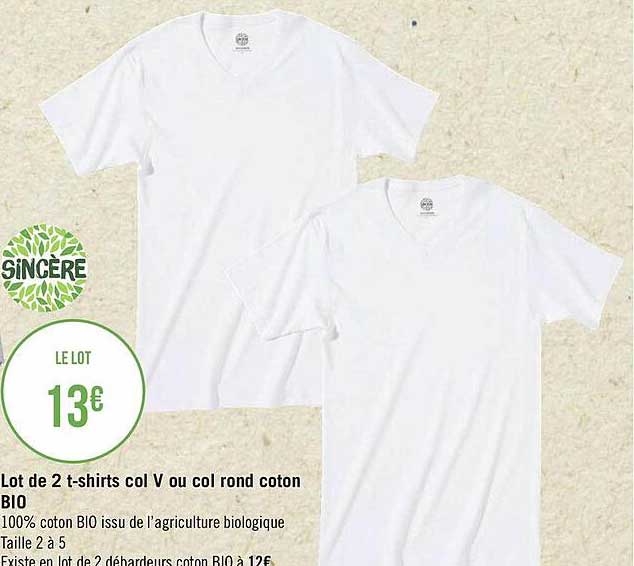 lot de 2 t-shirts vol v ou col rond coton bio sincère