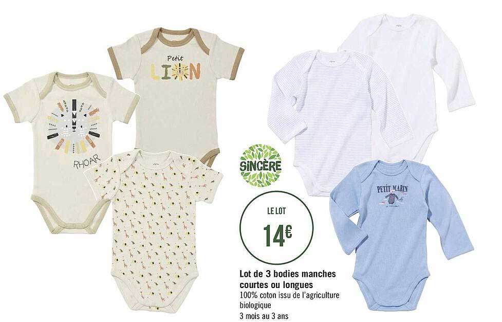lot de 3 bodies manches courtes ou longues sincère