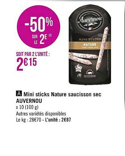 Mini Sticks Nature Saucisson Sec Auvernou