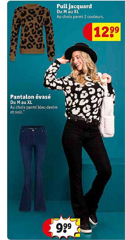 pull jacquard, pantalon évasé