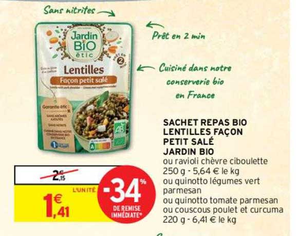 sachet repas bio lentilles façon petit salé jardin bio -34% de remise immédiate