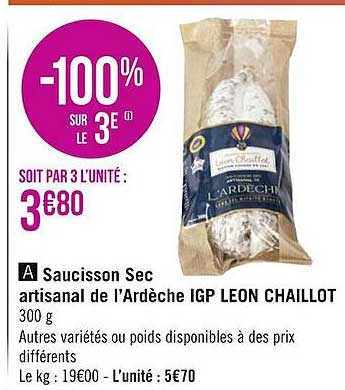 saucisson sec artisanal de l'ardèche igp léon chaillot