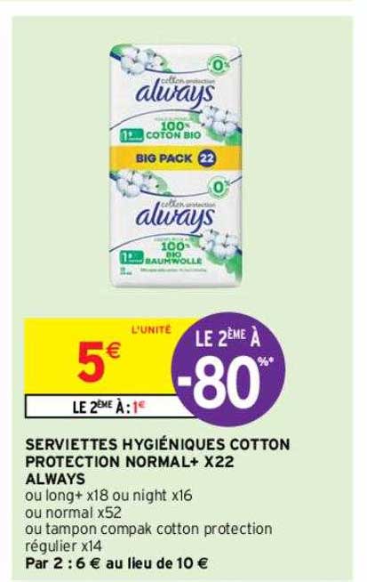 Serviettes Hygiéniques Cotton Protection Normal+ X22 Always Le 2ème à -80%