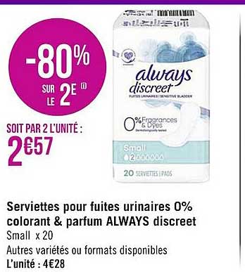 serviettes pour fuites urinaires 0% colorant & parfum always discreet