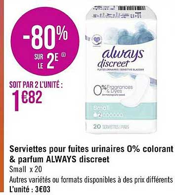 serviettes pour fuites urinaires 0% colorant & parfum always discreet