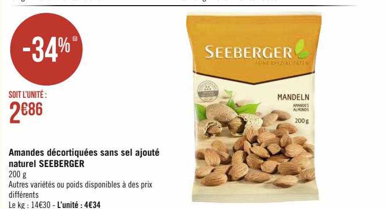 amandes décortiquées sans sel ajouté naturel seeberger
