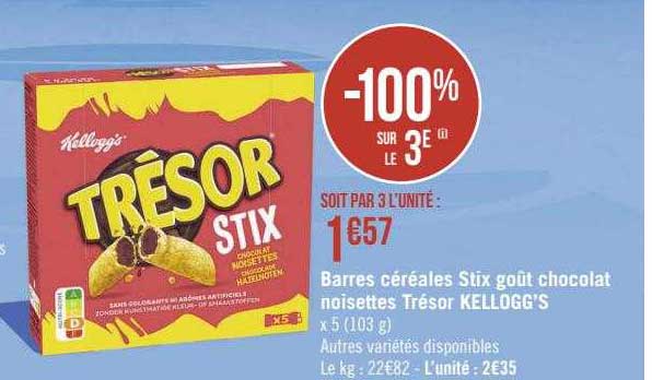 barres céréales stix goût chocolat noisettes trésor kellogg's