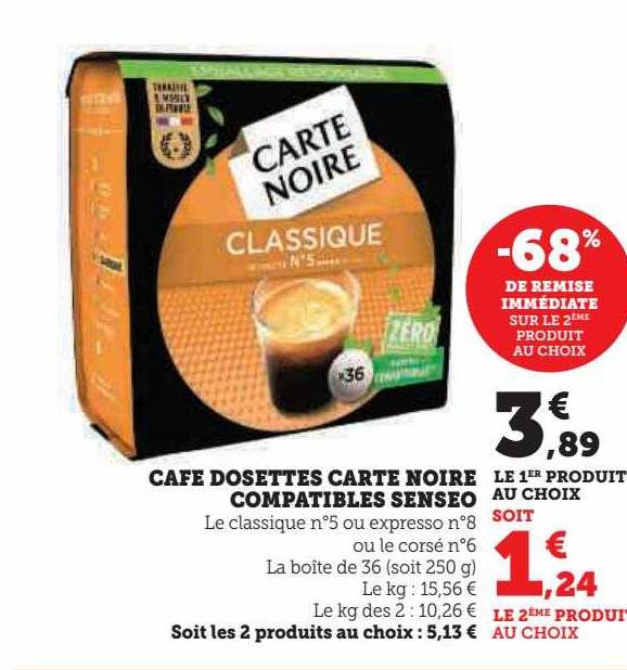 café dosettes carte noire compatibles senseo -68% de remise immédiate sur le 2ème produit au choix