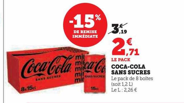 coca-cola sans sucres -15% de remise immédiate