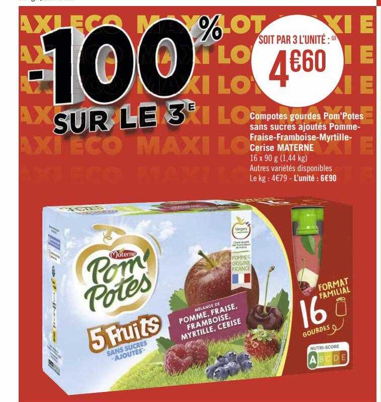 Compotes Gourdes Pom'potes Sans Sucres Ajoutés Pomme-fraise-framboise-myrtille-cerise Materne