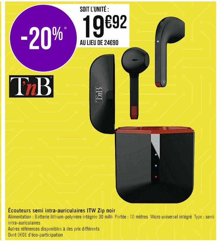 écouteurs semi intra-auriculaires itw zip noir tnb