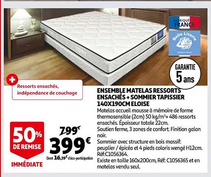 ensemble matelas ressorts ensachés + sommier tapissier 140 x 190 cm éloise