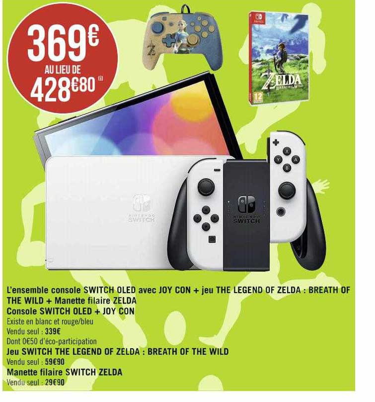 l'ensemble console switch oled avec joy con + jeu the legend of zelda : breath of the wild + manette filaire zelda