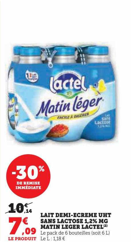 lait demi-écrémé uht sans lactose 1.2% mg matin léger lactel -30% de remise immédiate