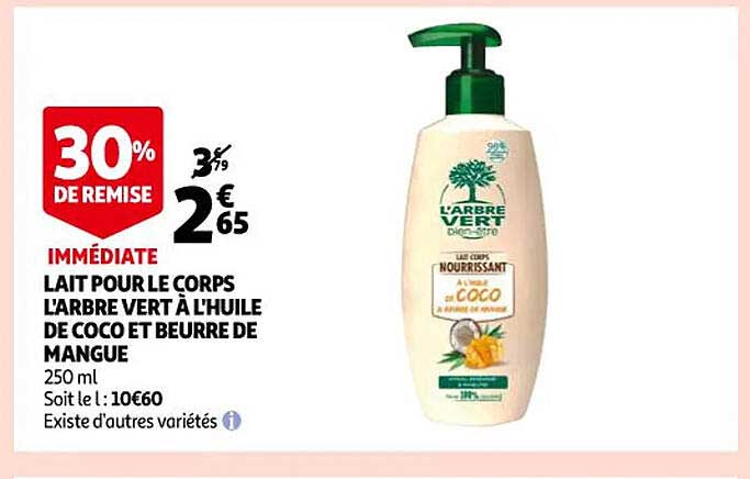 lait pour le corps l'arbre vert à l'huile de coco et beurre de mangue