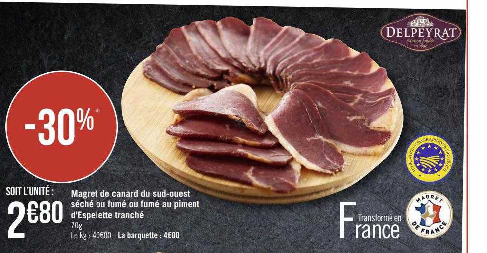 magret de canard du sud-ouest séché ou fumé ou fumé au piment d'espelette tranché