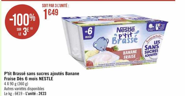 P'tit Brassé Sans Sucres Ajoutés Banane Fraise Dès 6 Mois Nestlé