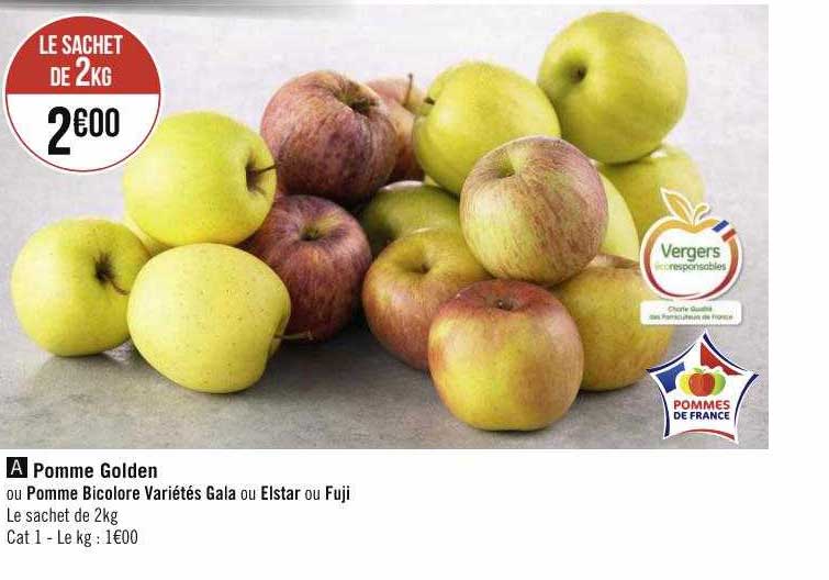 pomme golden ou pomme bicolore gala ou elstar ou fuji