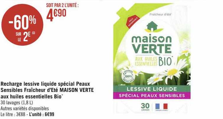 recharge lessive liquide spécial peaux sensibles fraîcheur d'été maison verte aux huiles essentielles bio