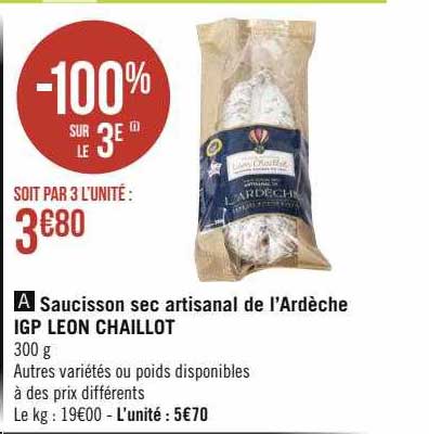 saucisson sec artisanal de l'ardèche igp léon chaillot