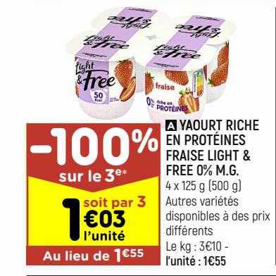 yaourt riche en protéines fraise light & free 0% m.g.