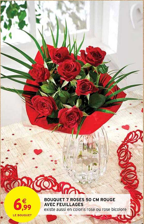 bouquet 7 roses 50 cm rouge avec feuillages