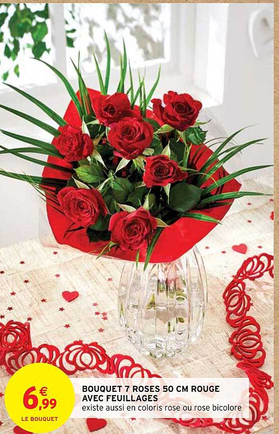 Bouquet 7 Roses 50 Cm Rouge Avec Feuillages