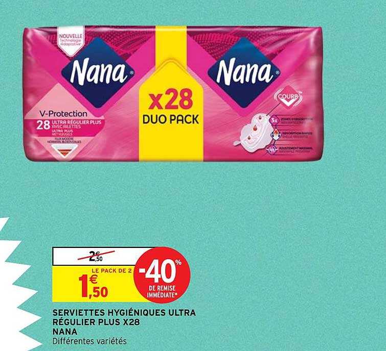 serviettes hygiéniques ultra régulier plus x 28 nana