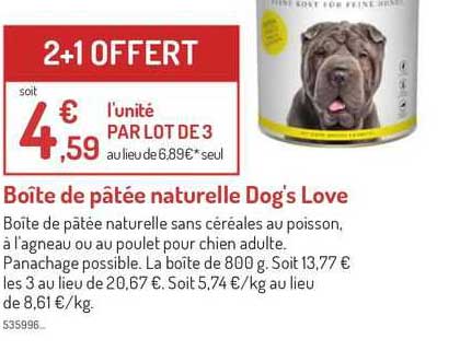boîte de pâtée naturelle dog's love 2+1 offert