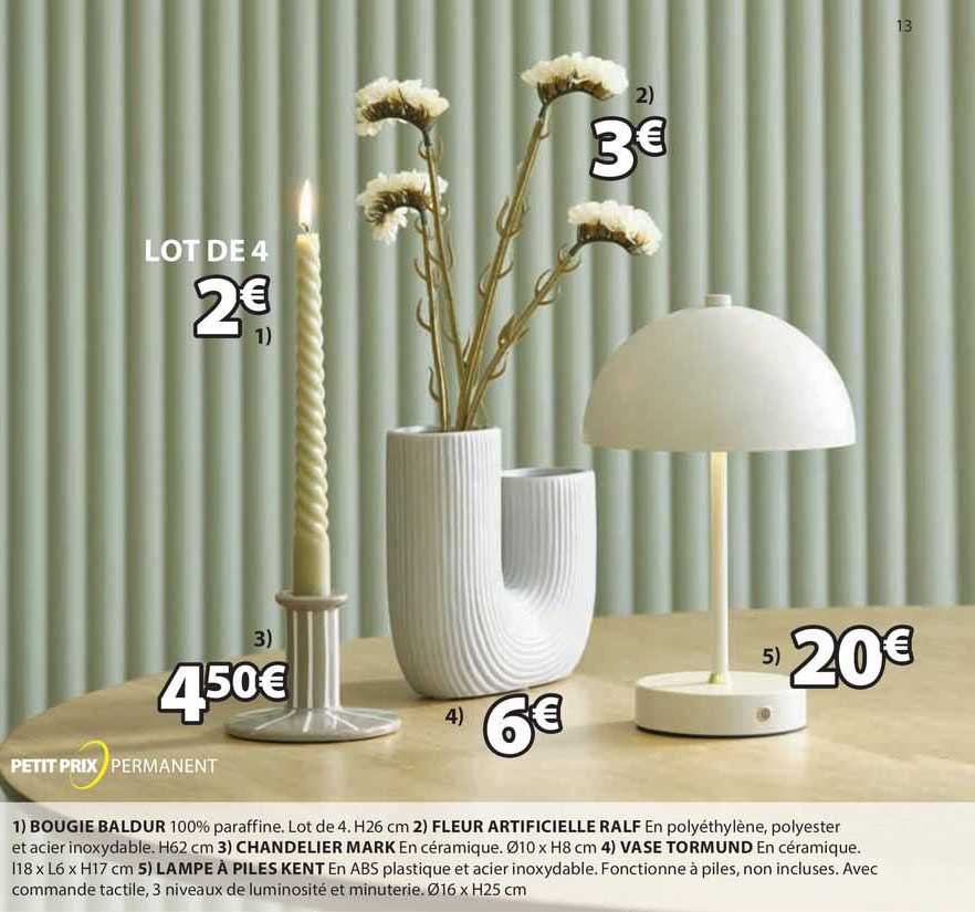 bougie baldur, fleur artificielle ralf, chandelier mark, vase tormund, lampe à piles kent