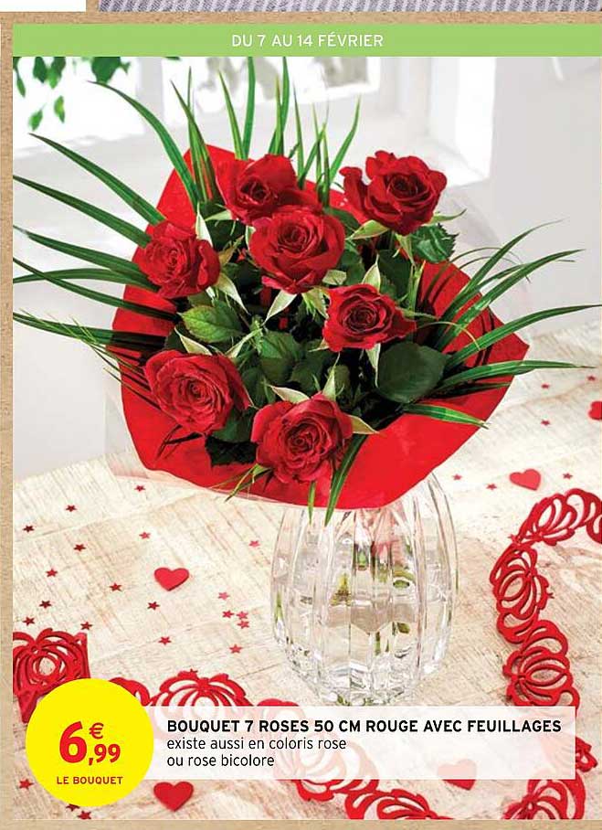 bouquet 7 roses 50 cm rouge avec feuillages