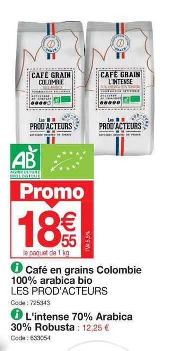café en grains colombie 100% arabica bio les prod'acteurs, l'intense 70% arabica 30% robusta