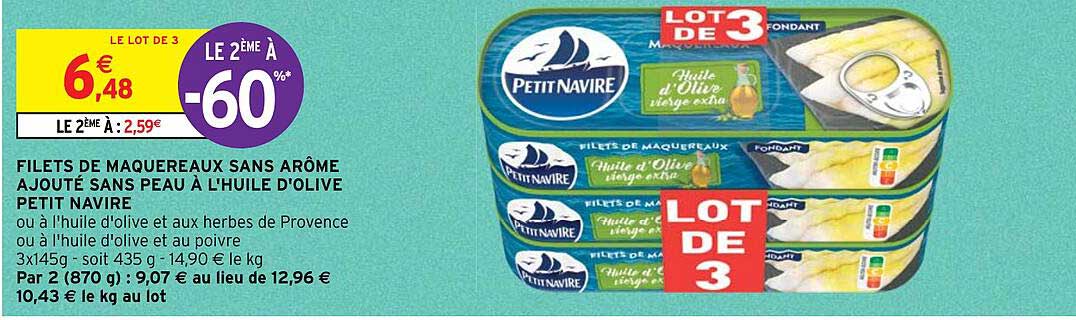 filets de maquereaux sans arôme ajouté sans peau à l'huile d'olive petit navire