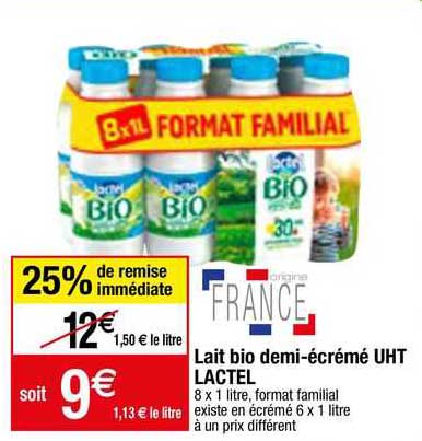 lait bio demi-écrémé uht lactel