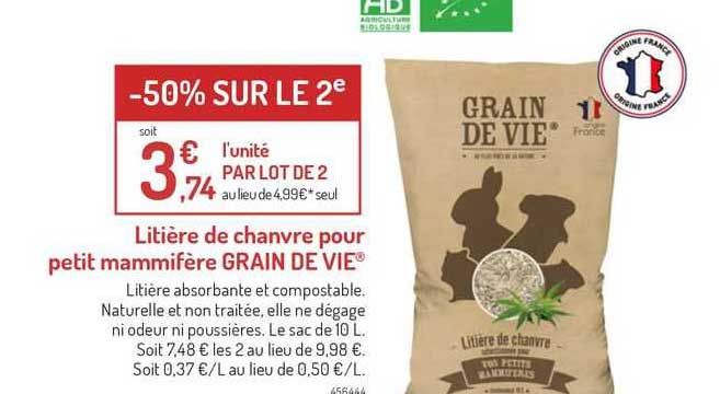 litière de chanvre pour petit mammifère grain de vie -50% sur le 2e