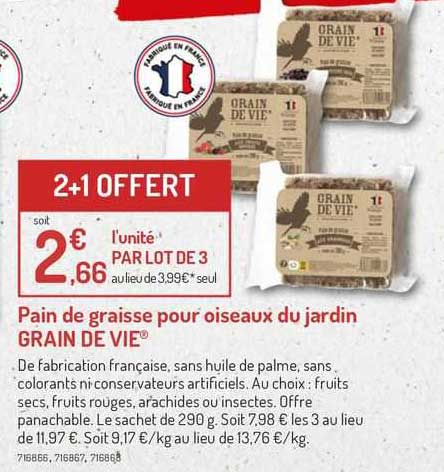 Pain De Graisse Pour Oiseaux Du Jardin Grain De Vie 2+1 Offert