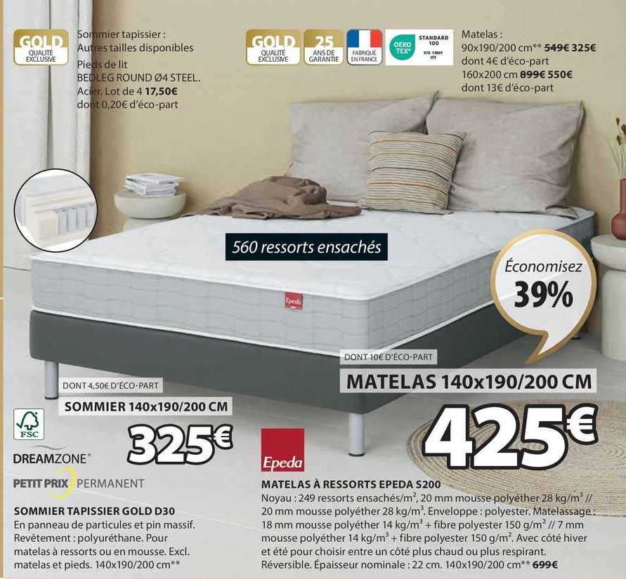 sommier tapissier gold d30, matelas à ressorts epeda s200